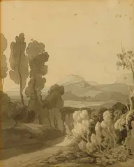 Francis Towne, A view on the road, possibly near Llangollen, Wales, pen and ink and wash on paper