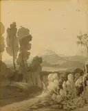 Francis Towne, A view on the road, possibly near Llangollen, Wales, pen and ink and wash on paper