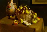Bram, A still life with apples in a basket and clay vessel on a table, oil on canvas