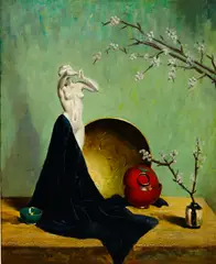 Herbert Davis Richter, A still life with a porcelain figure and Asian objects on a table, oil on board