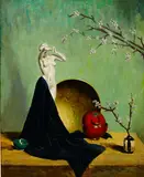 Herbert Davis Richter, A still life with a porcelain figure and Asian objects on a table, oil on board