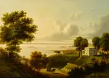 A river scene with a carriage on a road by American School, oil on canvas, sold Jun 2015