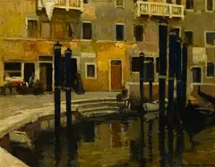 Canal San Marguerite; A roadside marker in Normandy village (Group of 2) by Jules Eugene Pages, first oil on board; second oil on canvas affixed to board, sold Jun 2015