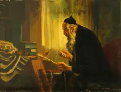 Stanislaus Bender, A rabbi braiding the fringe of a tallit, oil on canvas