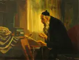 Stanislaus Bender, A rabbi braiding the fringe of a tallit, oil on canvas