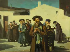Stanislaus Bender, Men gathered in study in a moonlit courtyard, oil on canvas
