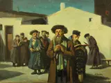 Stanislaus Bender, Men gathered in study in a moonlit courtyard, oil on canvas