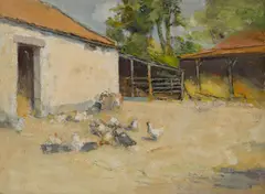 Robert Dickie Cairns, Hens outside a barn, Ceres, Scotland, oil on board