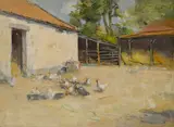 Robert Dickie Cairns, Hens outside a barn, Ceres, Scotland, oil on board