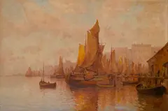 F** Caponi, Fishing boats in a busy harbour, oil on canvas
