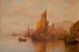F** Caponi, Fishing boats in a busy harbour, oil on canvas