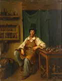 A cobbler in his shop by Continental School, oil on panel, offered Jan 2015