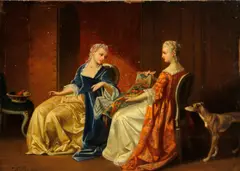 Showing off her needlework by Continental School, oil on panel, offered Jan 2015
