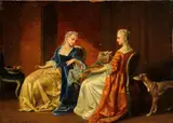 Showing off her needlework by Continental School, oil on panel, offered Jan 2015