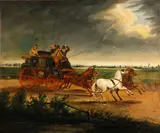 The mail coach caught in a thunderstorm by English School, oil on canvas, offered Jan 2015