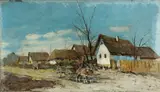 Hungarian School, A donkey cart with figure on a village road, oil on canvas laid down on board