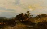 James Peel, An open landscape with a horse cart and figures on a track and cottages in the distance, oil on canvas