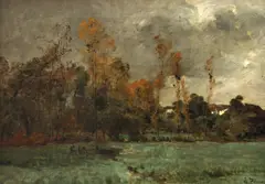 Léon Germain Pelouse, A landscape under darkening skies, thought to be Rochefort-en-Terre, Brittany, oil on canvas