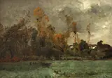 Léon Germain Pelouse, A landscape under darkening skies, thought to be Rochefort-en-Terre, Brittany, oil on canvas
