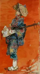 Roland Strasser, Japan; Samisen (Shamisen) No. 5; Kyoto (group of 3), first charcoal and pastel on paper; second and third watercolor and charcoal on paper