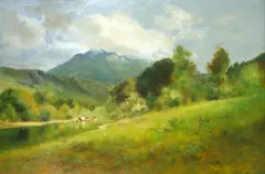 William Keith, Cows wattering with mountains beyond, oil on canvas
