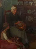 Frank Townsend Hutchens, A woman and child cleaning copper pots, oil on canvas