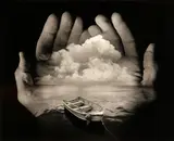 Jerry Uelsmann, Untitled (Hands with boat and clouds), 1996, Gelatin silver print