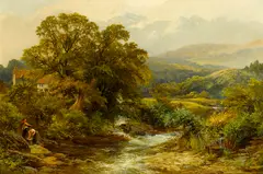 James Stephen Gresley, A woodland stream with figures on the bank and cottages in the distance, oil on canvas