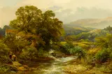James Stephen Gresley, A woodland stream with figures on the bank and cottages in the distance, oil on canvas
