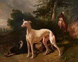 Alfred de Dreux, Hounds in a wooded landscape, oil on canvas