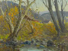 Landscape with houses by William S. Darling, oil on canvas affixed to masonite, sold Jul 2014