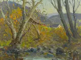 William S. Darling, Landscape with houses, oil on canvas affixed to masonite