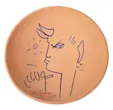 Jean Cocteau, Chêvre pied bleu - profil gauche  (G. 97), 1958, Red ceramic bowl, painted in blue, red and white