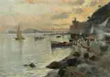 Edwin Austin Abbey, Fishermen on the shore at sunset, oil on canvas laid down on board