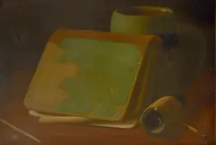 John F. Peto, Book leaning against a mug, oil on board