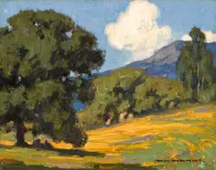 California wildflowers and oaks by William Wendt, oil on canvas, sold Nov 2014