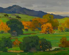 California landscape depicting autumn oaks on a rolling hillside with mountains beyond by William Wendt, 1924, oil on canvas, sold Nov 2014