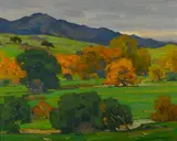 William Wendt, California landscape depicting autumn oaks on a rolling hillside with mountains beyond