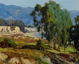 Carl Oscar Borg, Landscape with eucalyptus grove, cliffs, beach, sea and mountains beyond