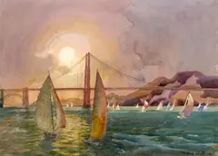 Bright sunset, Golden Gate by Millard Sheets, 1984, watercolor on paper, sold Nov 2014