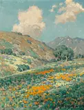 Rolling hills with wildflowers by Granville Redmond, oil on canvas affixed to board, sold Nov 2014