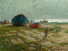 Granville Redmond, Fishermen and fishing boats on the shore, oil on canvas affixed to board