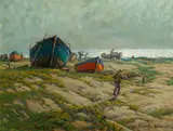 Fishermen and fishing boats on the shore by Granville Redmond, oil on canvas affixed to board, sold Nov 2014