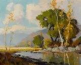 Orrin A. White, Valley landscape with trees on the banks of a pond and mountains beyond