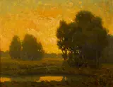 Golden hour, sunset over a landscape by Granville Redmond, oil on canvas, sold Nov 2014