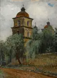 Theodore Wores, Old Mission Church, Santa Barbara, oil on canvas