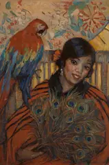 Donna N. Schuster, Woman with a parrot, oil on canvas