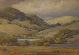 Rolling hills and oaks by Percy Gray, watercolor on paperboard, sold Nov 2014