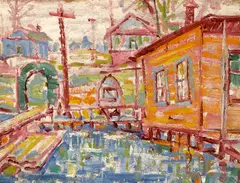 Louis Siegriest, Boat landing, oil on board