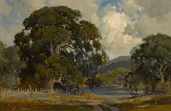 Oaks under cloudy skies with a lake in the distance by Percy Gray, oil on canvas affixed to board, sold Nov 2014